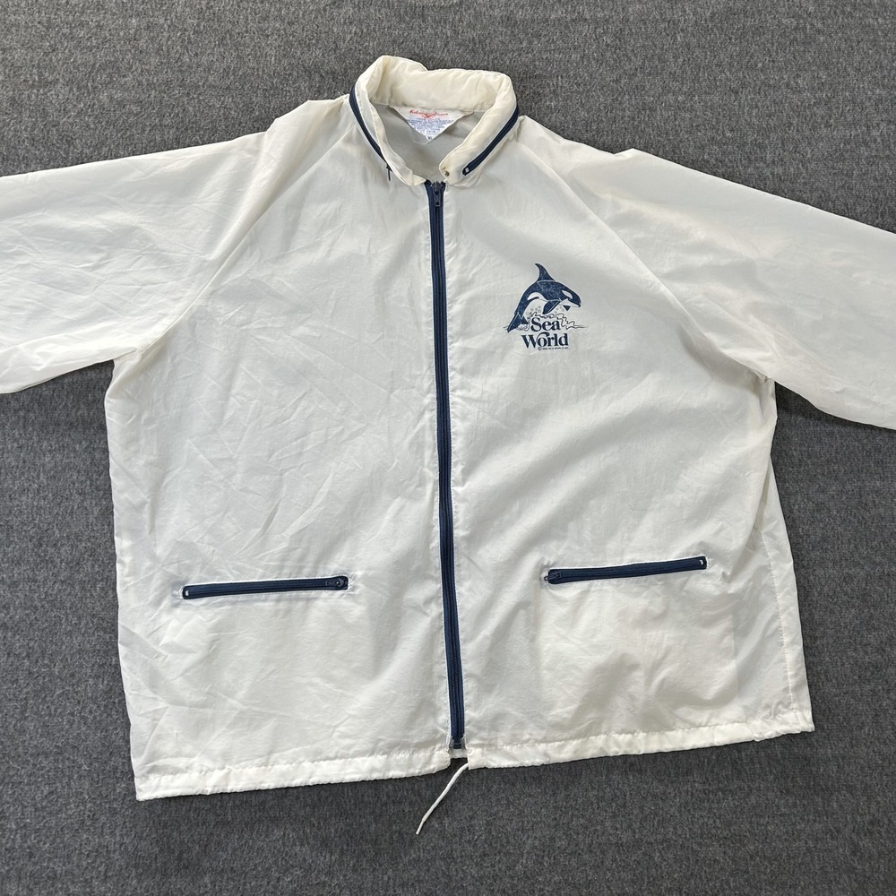 Kelvin Sportswear Vintage SeaWorld Jacket Full‎ Zip White XL 80s Windbreaker